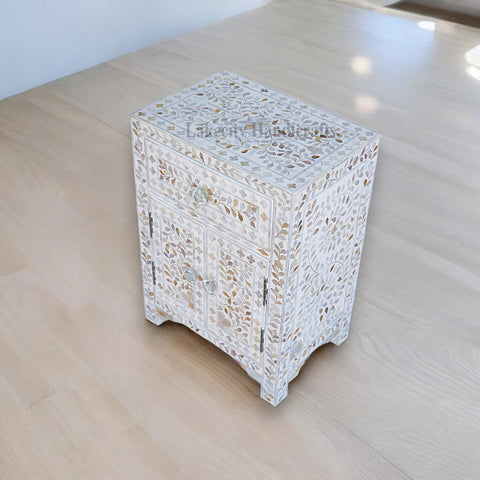 Mesita de noche MOP Floral con 1 cajón y 2 puertas, color blanco