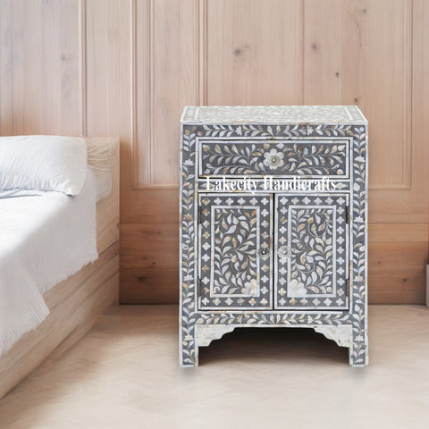 Mesita de noche gris con diseño floral de nácar, 1 cajón y 2 puertas
