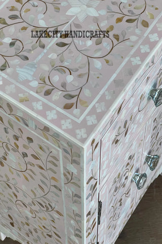 Mother Of Pearl Floral Design 1 Drawer & 2 Doors Bedside Table Light Pink