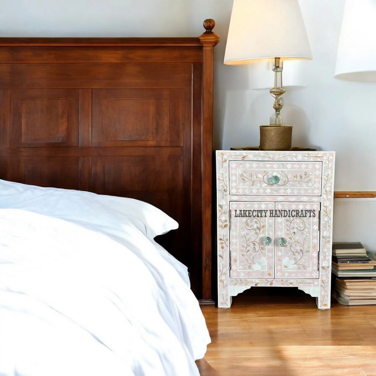 Mother Of Pearl Floral Design 1 Drawer & 2 Doors Bedside Table Light Pink