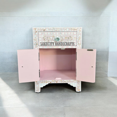 Mother Of Pearl Floral Design 1 Drawer & 2 Doors Bedside Table Light Pink