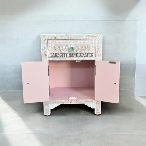 Mother Of Pearl Floral Design 1 Drawer & 2 Doors Bedside Table Light Pink