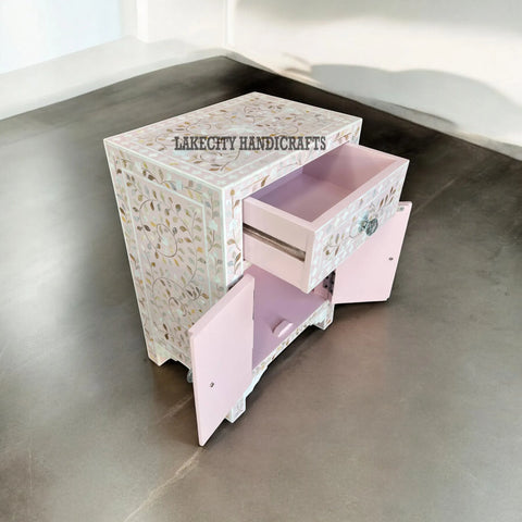 Mother Of Pearl Floral Design 1 Drawer & 2 Doors Bedside Table Light Pink