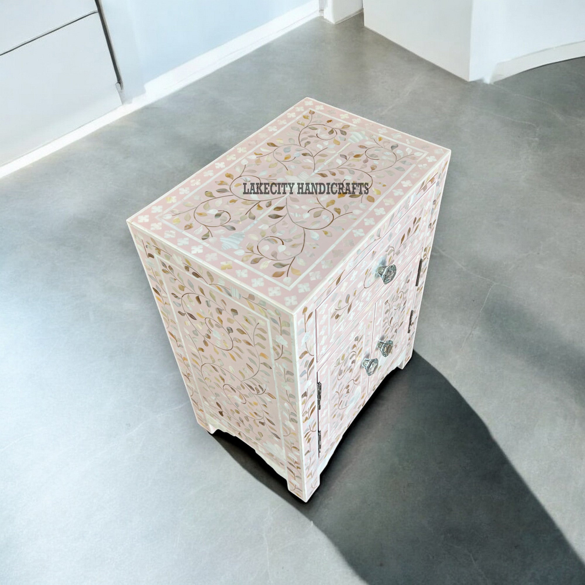 Mother Of Pearl Floral Design 1 Drawer & 2 Doors Bedside Table Light Pink