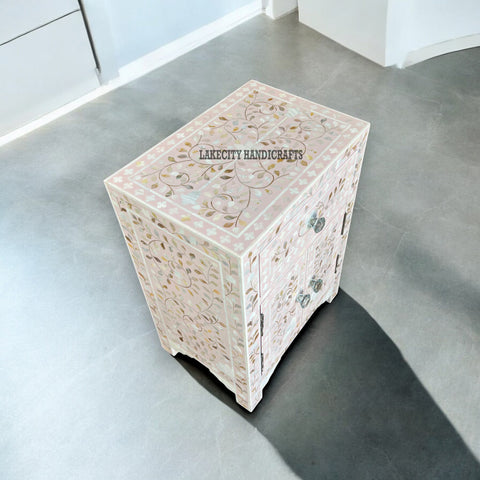 Mother Of Pearl Floral Design 1 Drawer & 2 Doors Bedside Table Light Pink