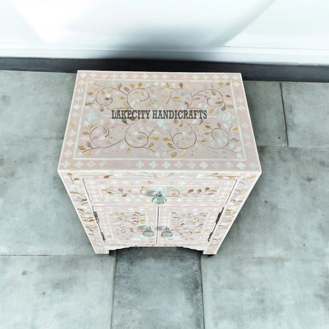 Mother Of Pearl Floral Design 1 Drawer & 2 Doors Bedside Table Light Pink