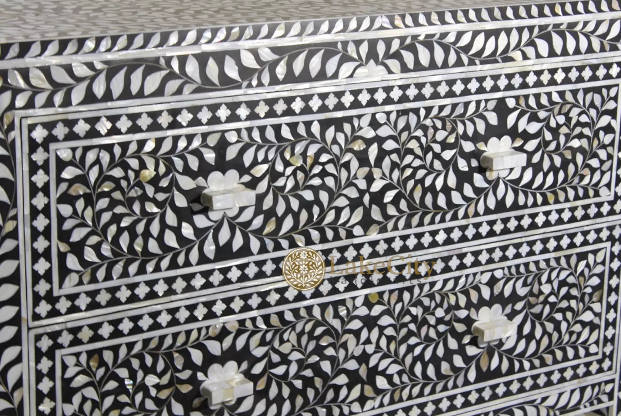 Mother Of Pearl Inlay Floral Design 2 Drawers Chest Black | Mother Of Pearl Inlay Floral Design 2 Drawers Dresser Table Black