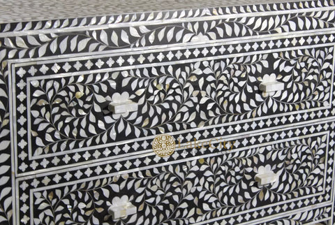 Mother Of Pearl Inlay Floral Design 2 Drawers Chest Black | Mother Of Pearl Inlay Floral Design 2 Drawers Dresser Table Black