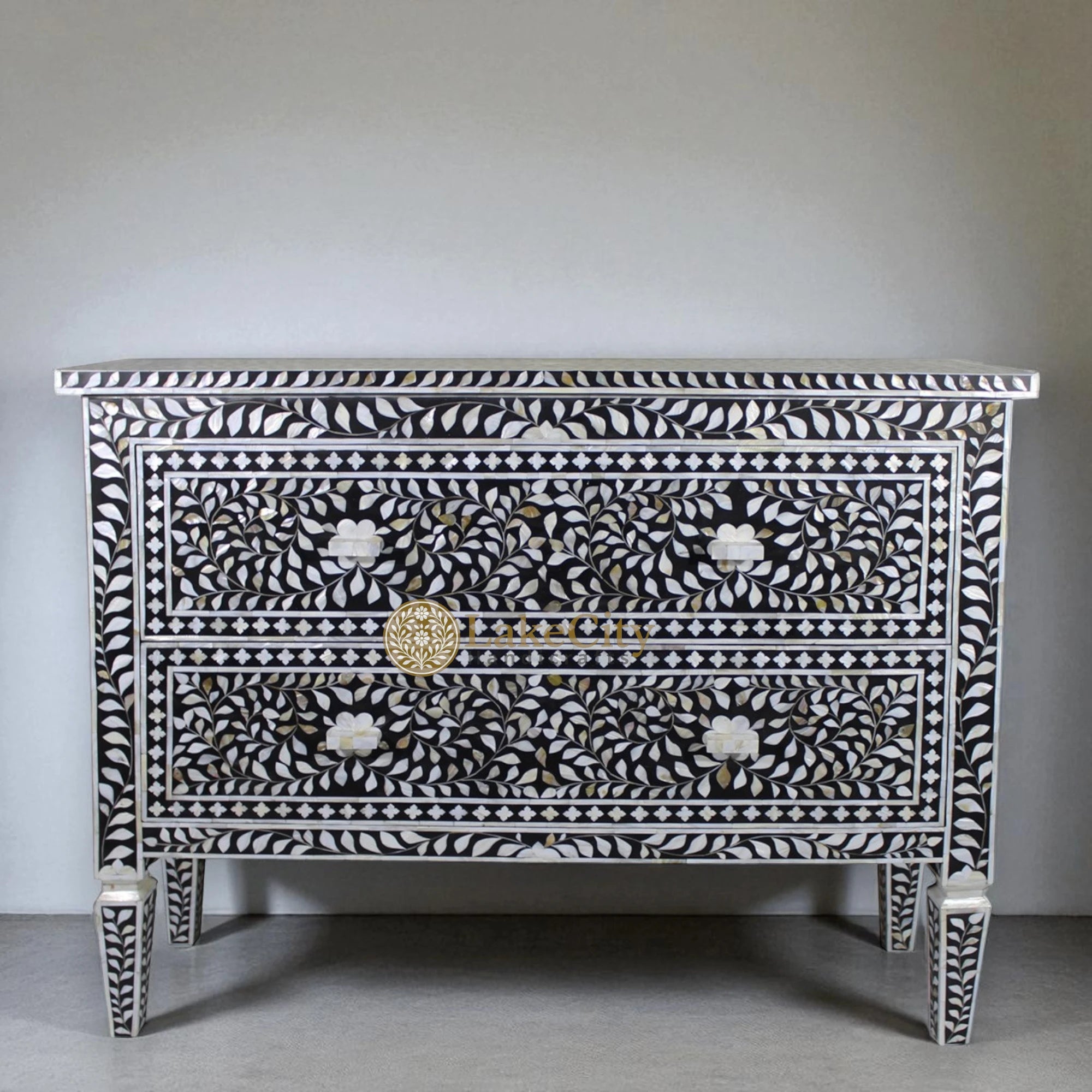 Mother Of Pearl Inlay Floral Design 2 Drawers Chest Black | Mother Of Pearl Inlay Floral Design 2 Drawers Dresser Table Black