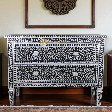 Mother Of Pearl Inlay Floral Design 2 Drawers Chest Black | Mother Of Pearl Inlay Floral Design 2 Drawers Dresser Table Black