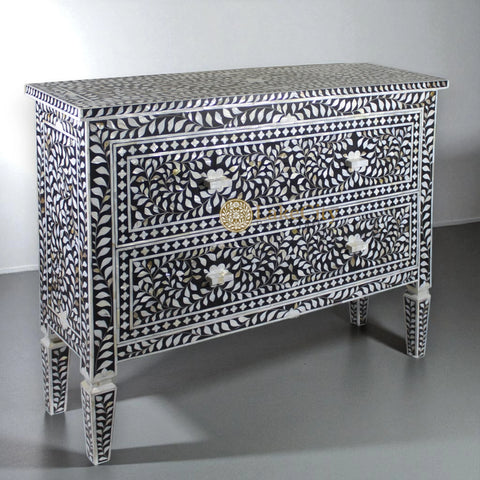 Mother Of Pearl Inlay Floral Design 2 Drawers Chest Black | Mother Of Pearl Inlay Floral Design 2 Drawers Dresser Table Black