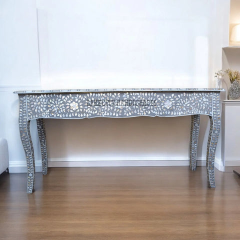Mother Of Pearl Inlaid Long Curved Leg Desk Grey