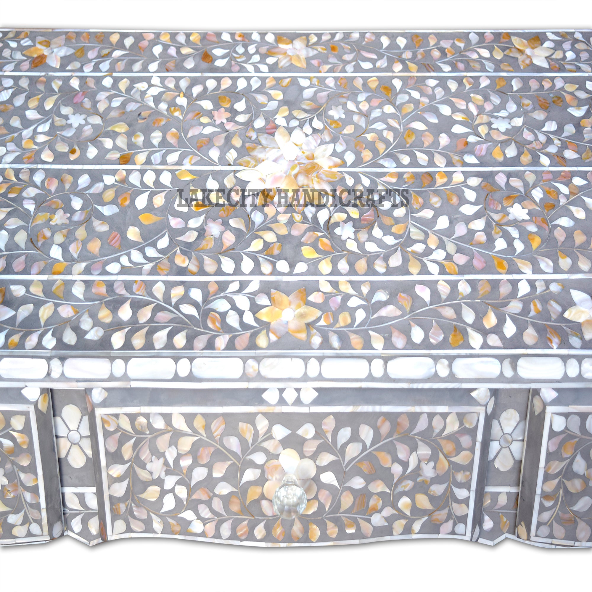 Mother Of Pearl Inlaid Long Curved Leg Desk Grey