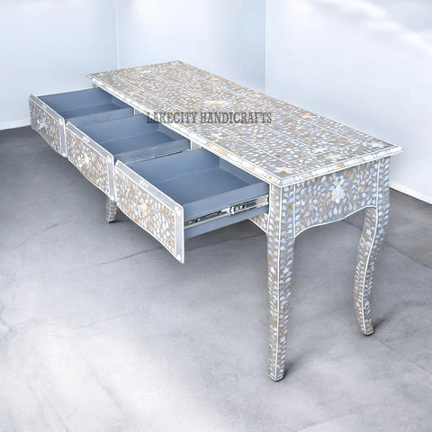 Mother Of Pearl Inlaid Long Curved Leg Desk Grey