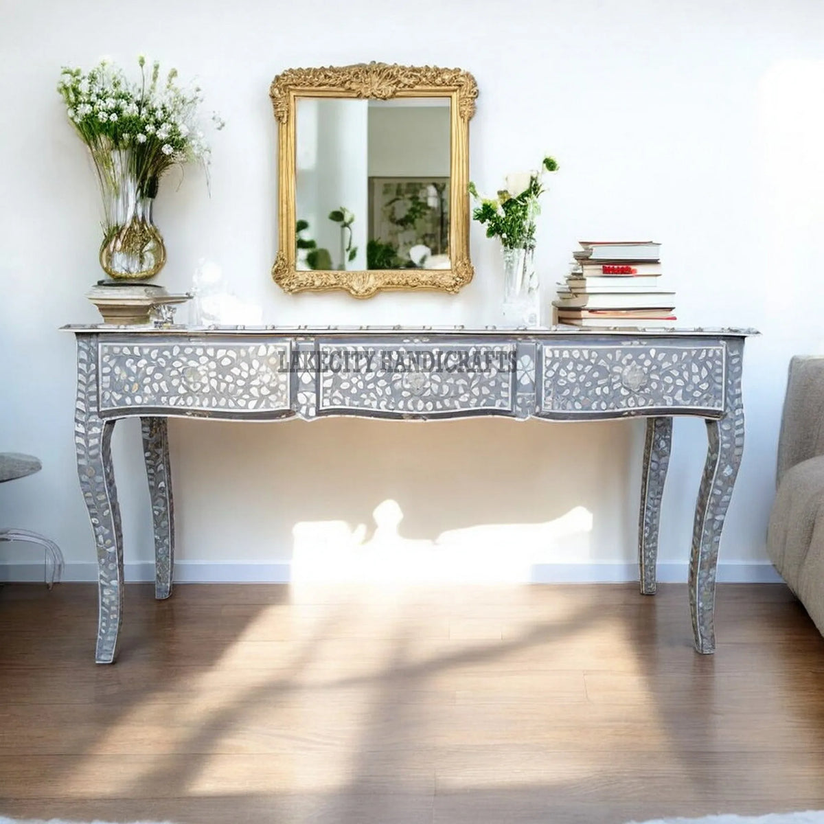 Mother Of Pearl Inlaid Long Curved Leg Desk Grey