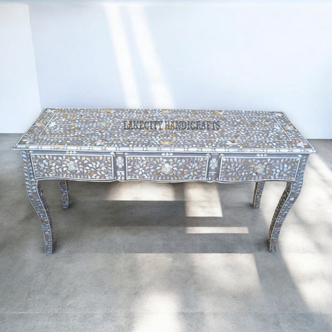 Mother Of Pearl Inlaid Long Curved Leg Desk Grey