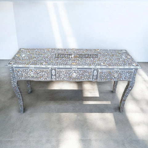 Mother Of Pearl Inlaid Long Curved Leg Desk Grey