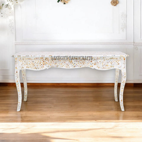 Mother Of Pearl Inlaid Long Curved Leg Desk White