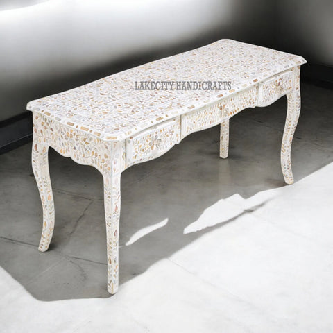 Mother Of Pearl Inlaid Long Curved Leg Desk White