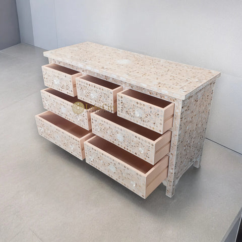 Mother Of Pearl Inlay Floral Chest Of 7 Drawers Pale Pink | Mother Of Pearl Inlay Floral 7 Drawers Dresser Table Pale Pink