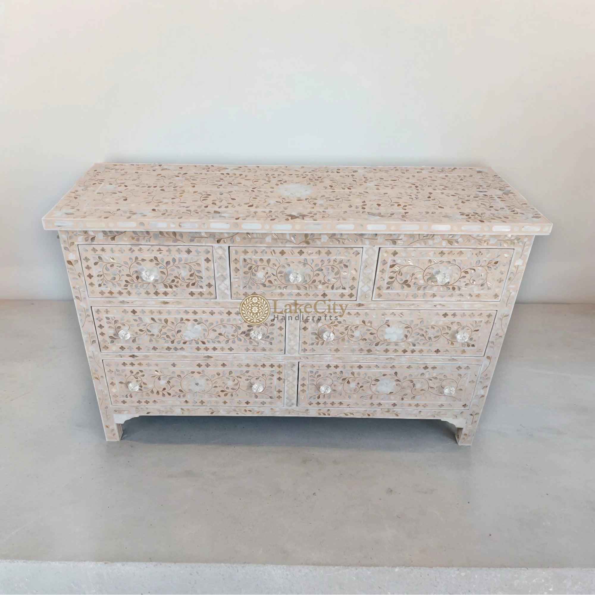 Mother Of Pearl Inlay Floral Chest Of 7 Drawers Pale Pink | Mother Of Pearl Inlay Floral 7 Drawers Dresser Table Pale Pink