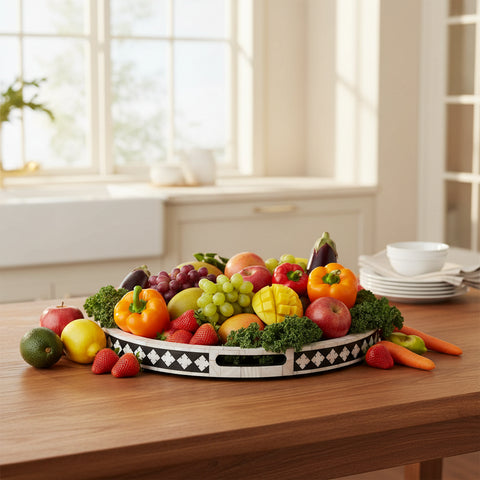 Mother Of Pearl Inlay Floral Round Tray Black