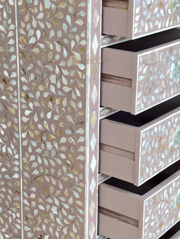 Mother Of Pearl Inlay Floral Design 6 Drawers Tallboy Chest Milk Chocolate