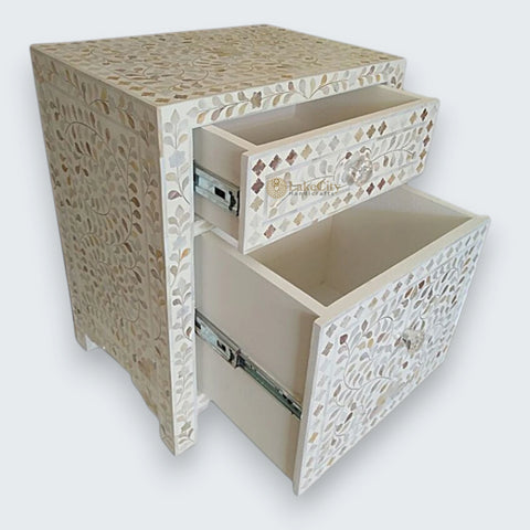 Mother Of Pearl Floral Inlay Large Drawer Bedside White