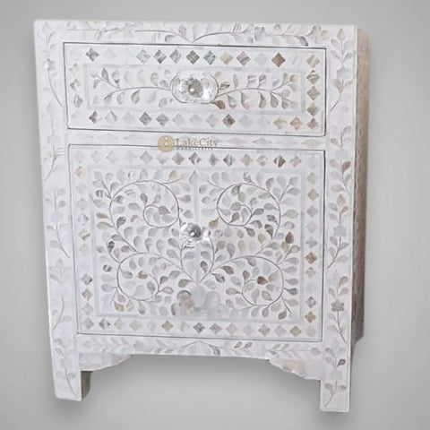 Mother Of Pearl Floral Inlay Large Drawer Bedside White