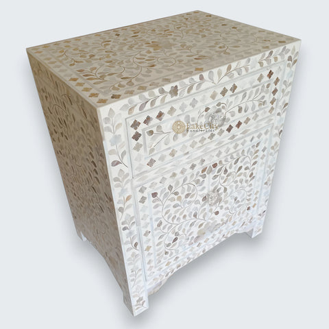 Mother Of Pearl Floral Inlay Large Drawer Bedside White