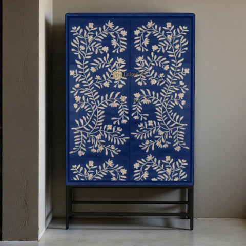 Mother Of Pearl Flower Design 2 Door Bar Cabinet Blue