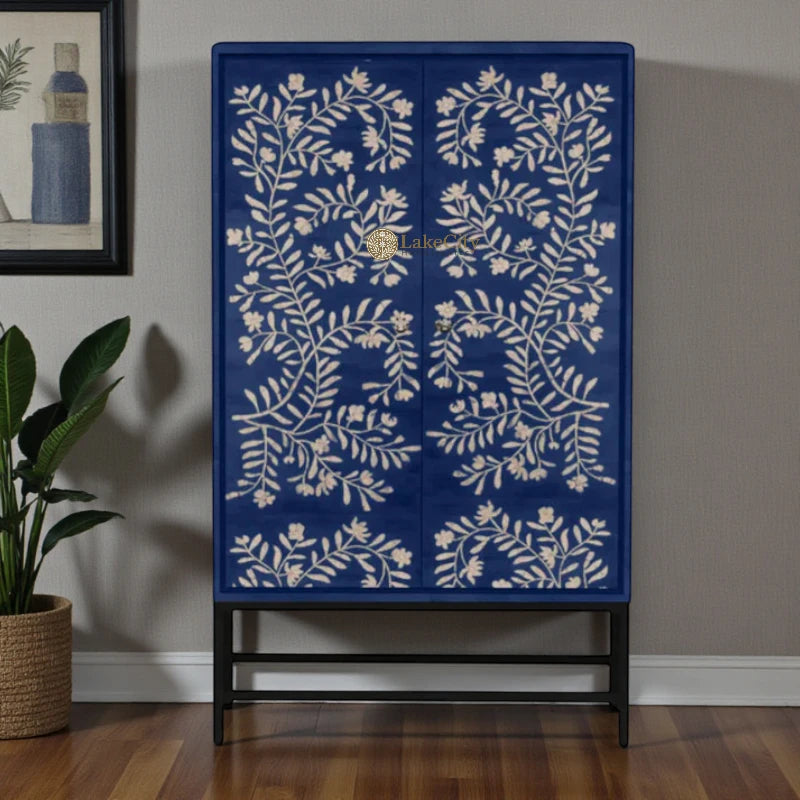 Mother Of Pearl Flower Design 2 Door Bar Cabinet Blue