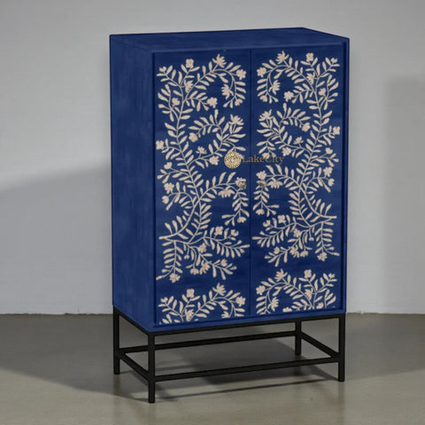 Mother Of Pearl Flower Design 2 Door Bar Cabinet Blue
