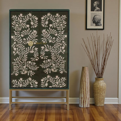 Mother Of Pearl Flower Design 2 Door Bar Cabinet Green