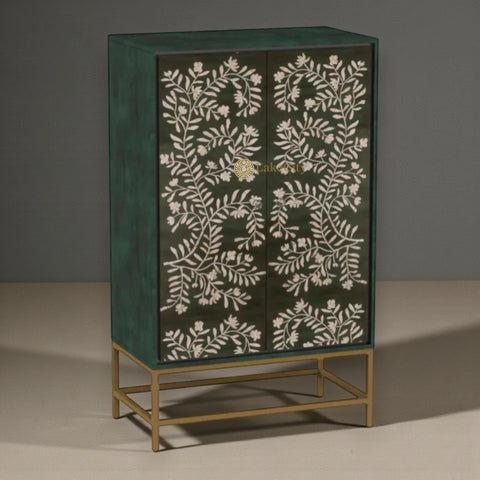 Mother Of Pearl Flower Design 2 Door Bar Cabinet Green