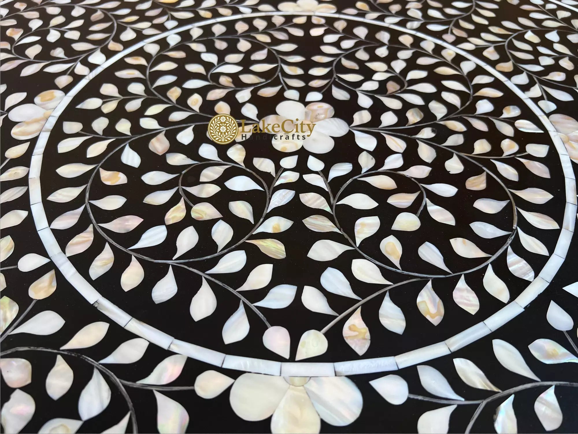 Mother of Pearl Inlay Full Floral Round Dining Table Black