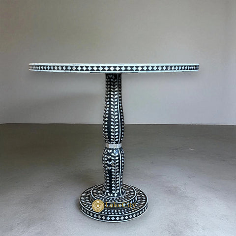 Mother of Pearl Inlay Full Floral Round Dining Table Black