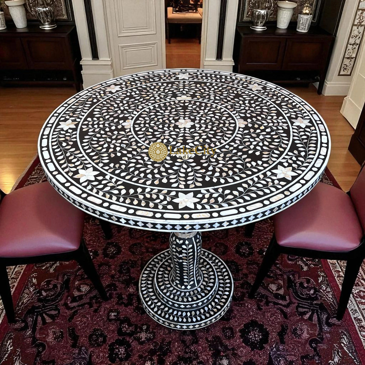Mother of Pearl Inlay Full Floral Round Dining Table Black