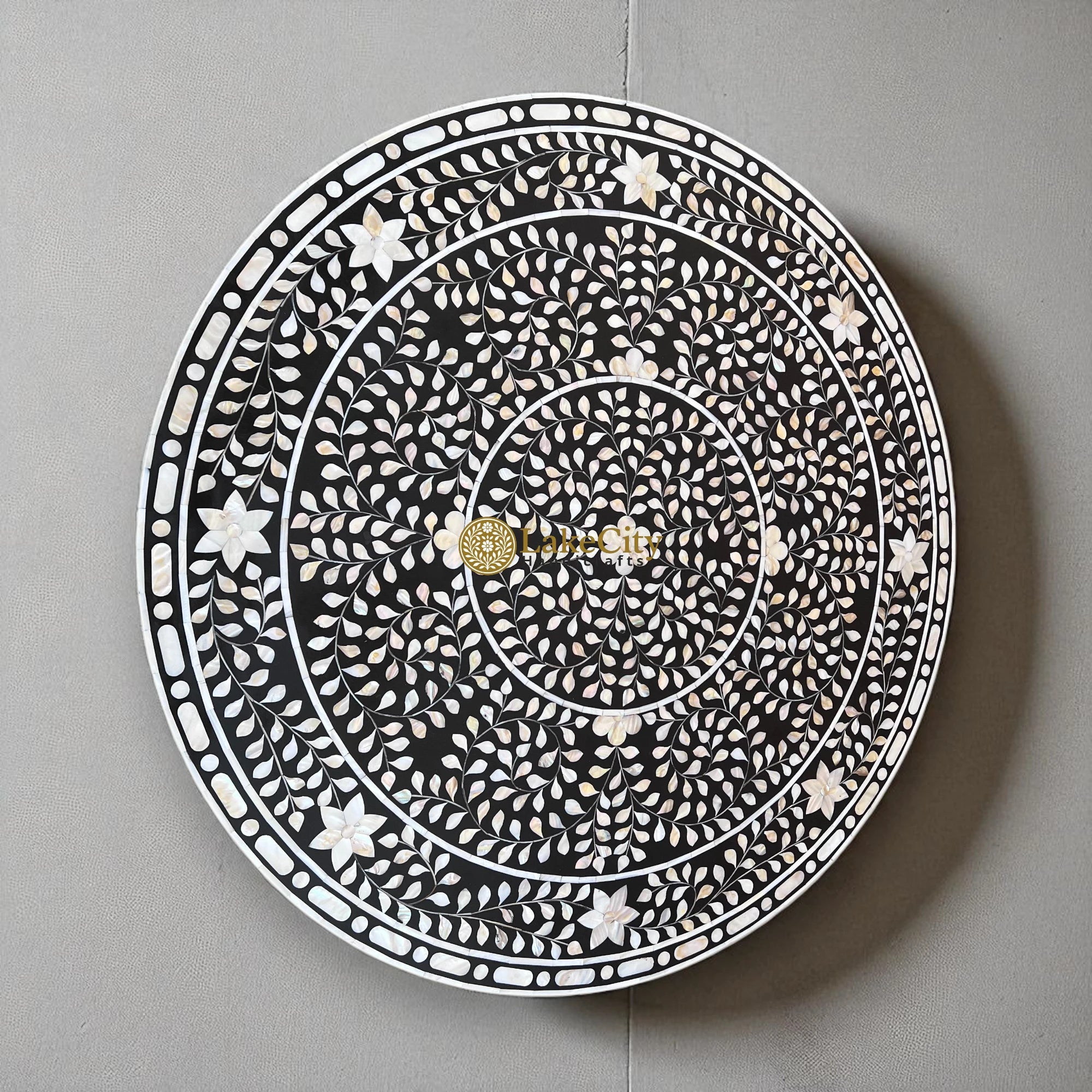 Mother of Pearl Inlay Full Floral Round Dining Table Black