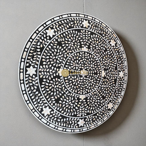 Mother of Pearl Inlay Full Floral Round Dining Table Black