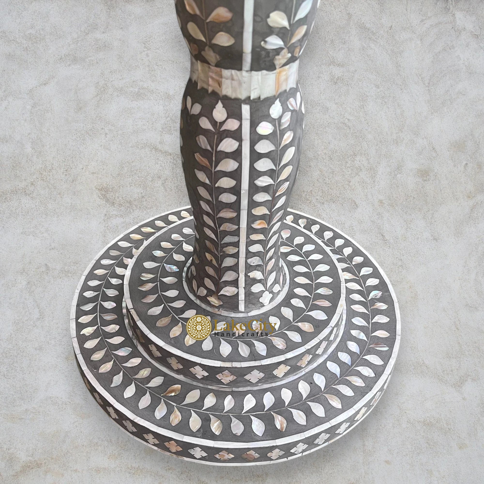 Mother of Pearl Inlay Full Floral Round Dining Table Grey