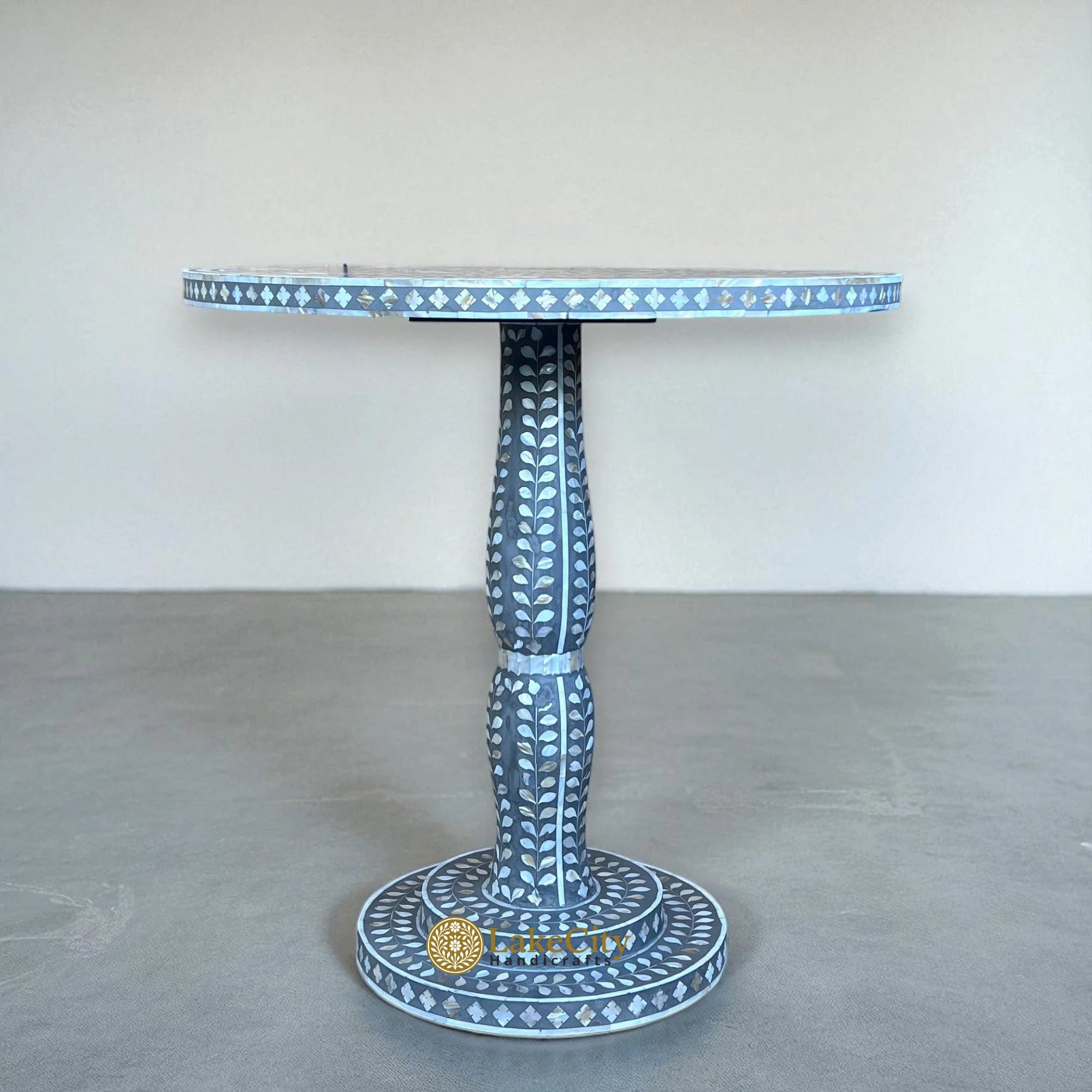 Mother of Pearl Inlay Full Floral Round Dining Table Grey
