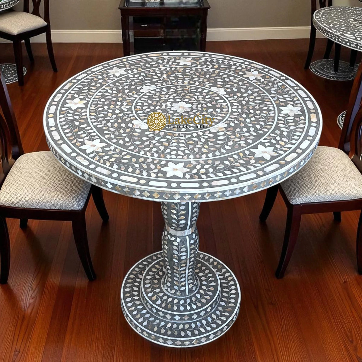 Mother of Pearl Inlay Full Floral Round Dining Table Grey
