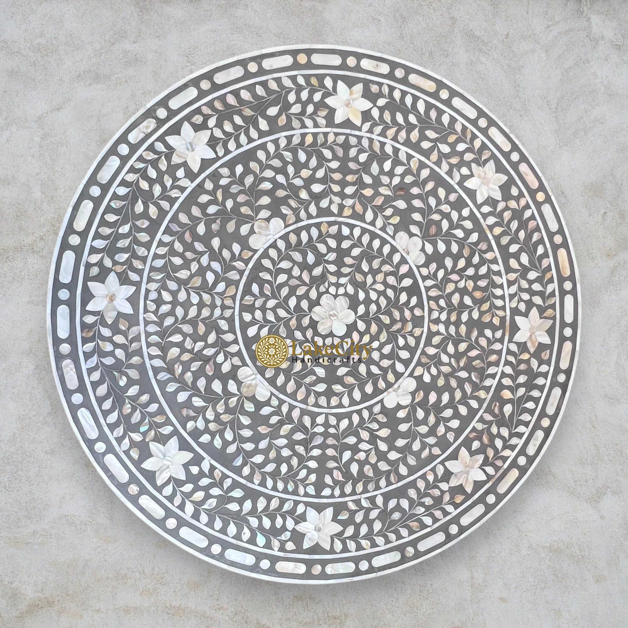 Mother of Pearl Inlay Full Floral Round Dining Table Grey