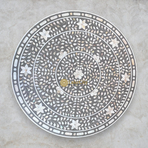 Mother of Pearl Inlay Full Floral Round Dining Table Grey