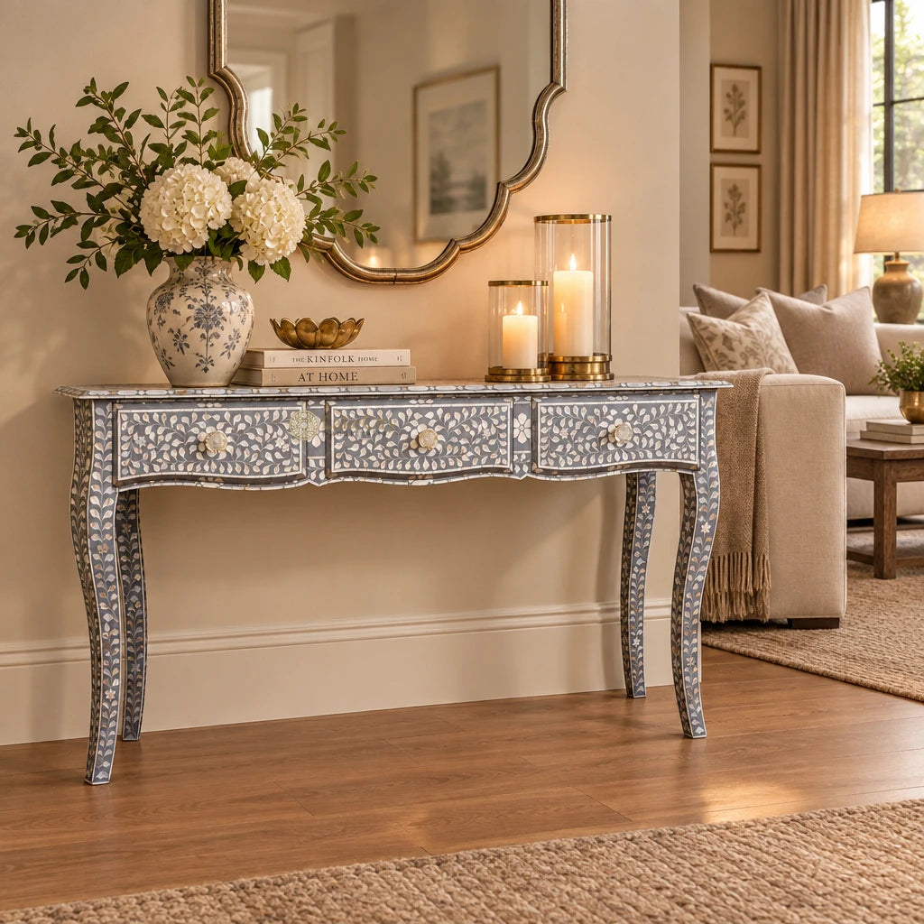 Mother Of Pearl Inlaid Long Curved Leg Desk Grey