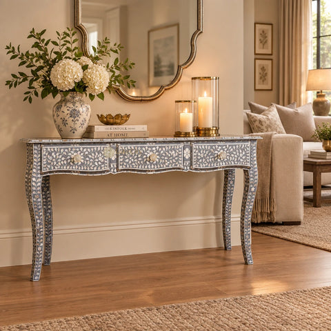 Mother Of Pearl Inlaid Long Curved Leg Desk Grey