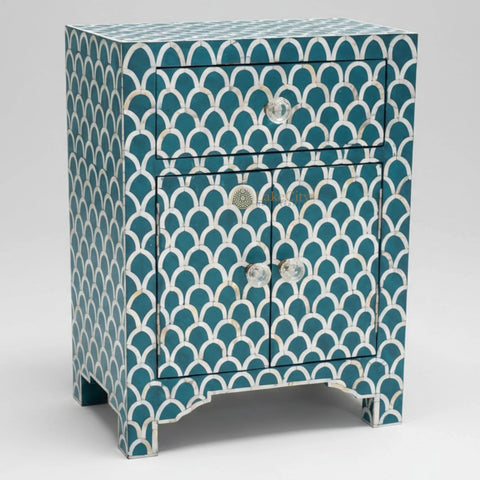 Mother Of Pearl Inlay 1 Drawer 2 Door Fish-scale Design Bedside Teal Green