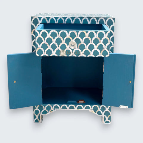 Mother Of Pearl Inlay 1 Drawer 2 Door Fish-scale Design Bedside Teal Green