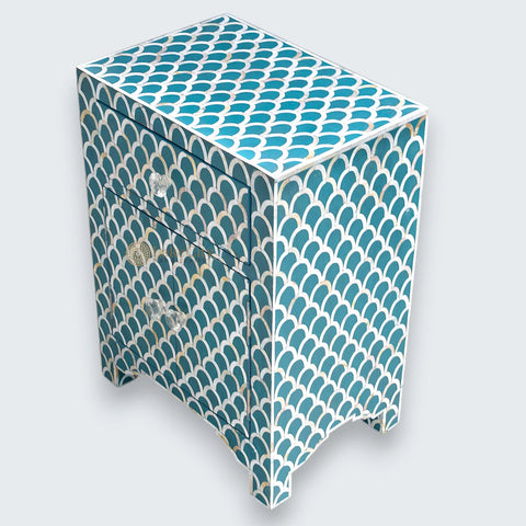 Mother Of Pearl Inlay 1 Drawer 2 Door Fish-scale Design Bedside Teal Green